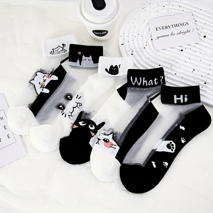 5 Pairs  Cat  Knit Floral  Spandex Ankle Socks - SocksLtd