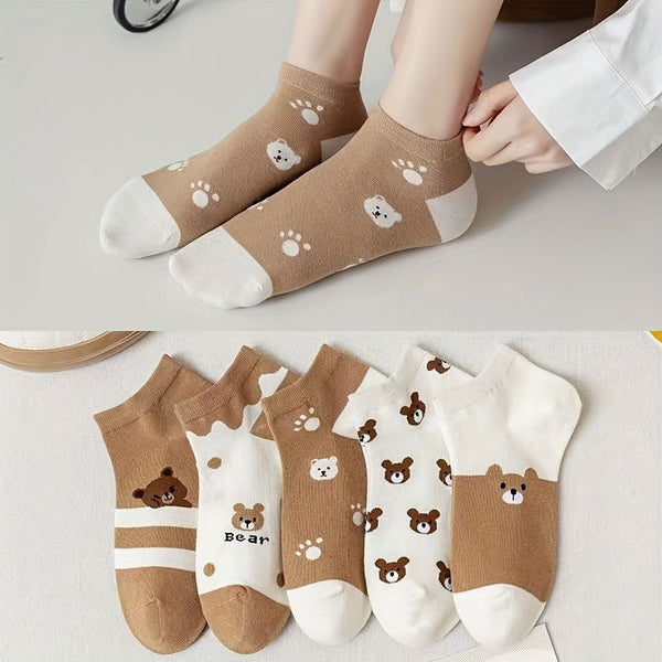 5 Pairs  Cute Bear  Paw Print Ankle Socks - SocksLtd