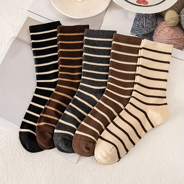 5 Pairs  Fashion Striped Cozy Harajuku Style Cute Crew Socks - SocksLtd