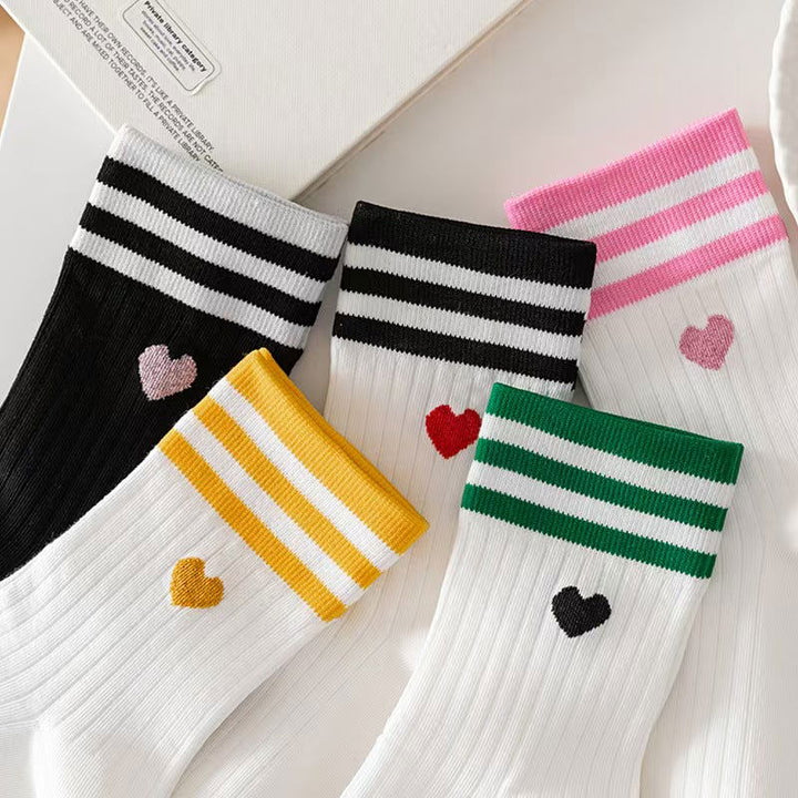 5 Pairs  Love Horizontal Bar Mid Calf Versatile  Crew Socks - SocksLtd