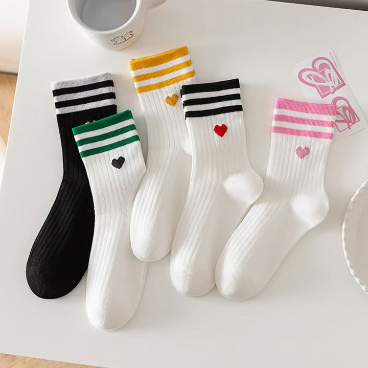 5 Pairs  Love Horizontal Bar Mid Calf Versatile  Crew Socks - SocksLtd