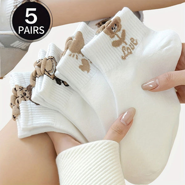 5 Pairs  Women White Cartoon Print Cute   Ankle Socks - SocksLtd