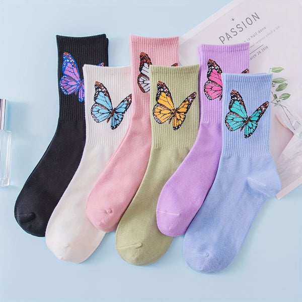 6 Pairs Butterfly Print Comfy Breathable Crew Socks - SocksLtd
