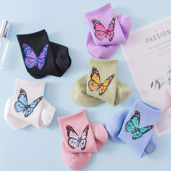 6 Pairs Butterfly Print Comfy Breathable Crew Socks - SocksLtd