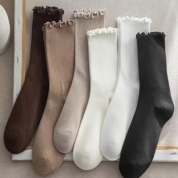 6 Pairs Fabric Ruffle Tube Fashion Cuff Crew Socks - SocksLtd