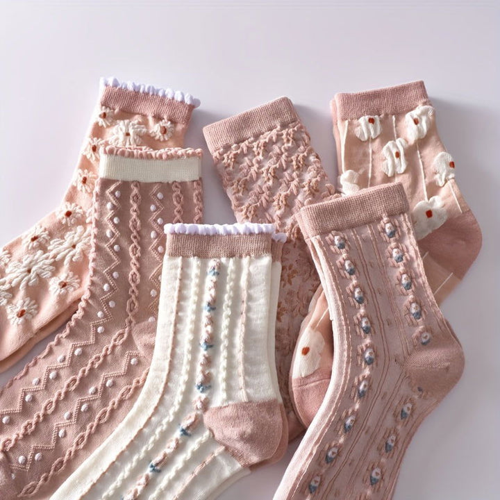 6 Pairs Floral Pattern Sweet Comfy Crew Socks - SocksLtd