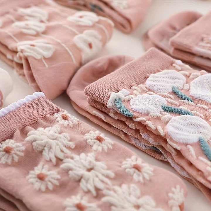 6 Pairs Floral Pattern Sweet Comfy Crew Socks - SocksLtd