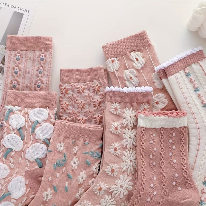 6 Pairs Floral Pattern Sweet Comfy Crew Socks - SocksLtd