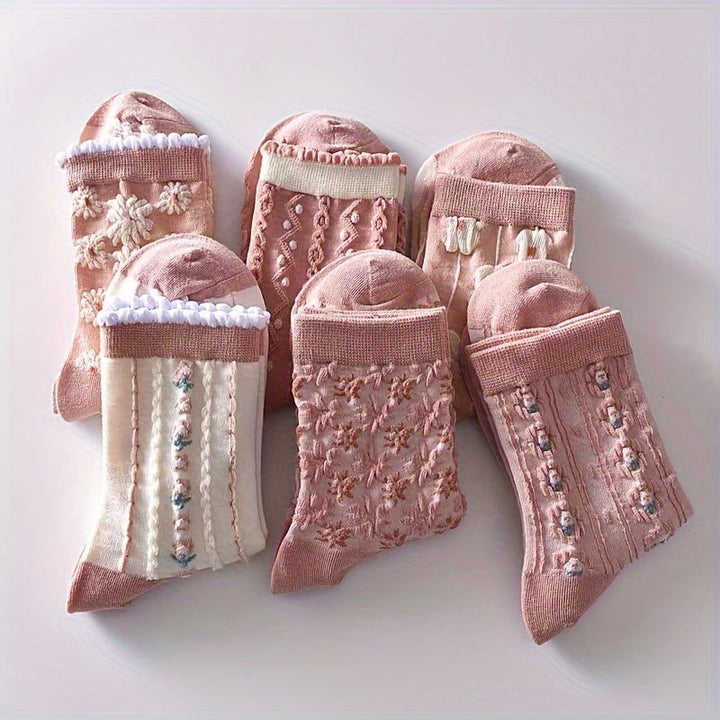 6 Pairs Floral Pattern Sweet Comfy Crew Socks - SocksLtd