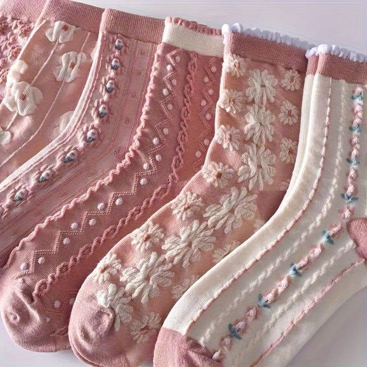 6 Pairs Floral Pattern Sweet Comfy Crew Socks - SocksLtd
