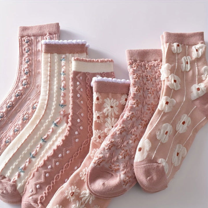 6 Pairs Floral Pattern Sweet Comfy Crew Socks - SocksLtd