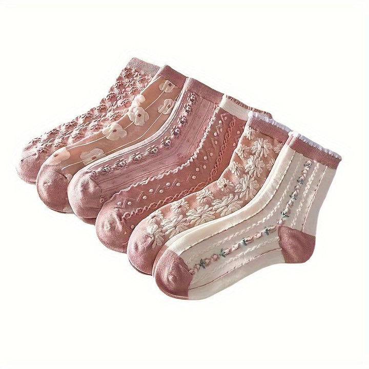 6 Pairs Floral Pattern Sweet Comfy Crew Socks - SocksLtd