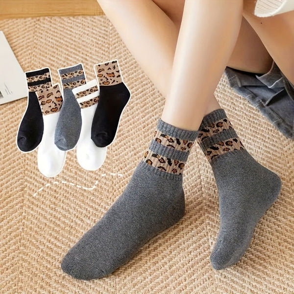6 Pairs Leopard Print Women Mid-Calf Crew Socks - SocksLtd