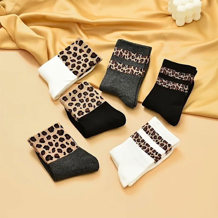 6 Pairs Leopard Print Women Mid-Calf Crew Socks - SocksLtd