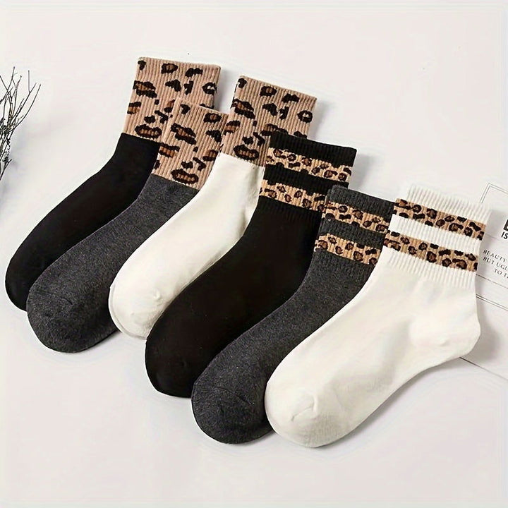 6 Pairs Leopard Print Women Mid-Calf Crew Socks - SocksLtd