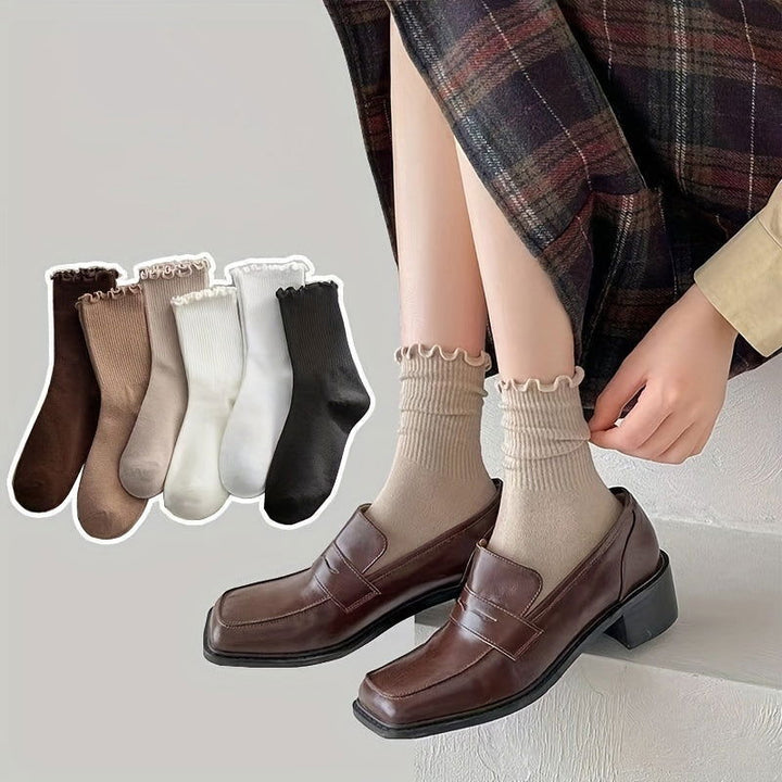 6 Pairs Lettuce Trim Comfy Breathable All match Crew Socks - SocksLtd