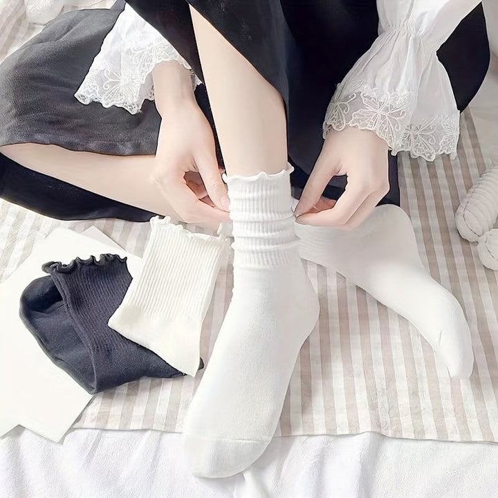 6 Pairs Lettuce Trim Sweet Comfy Ribbed Mid Tube Crew Socks - SocksLtd