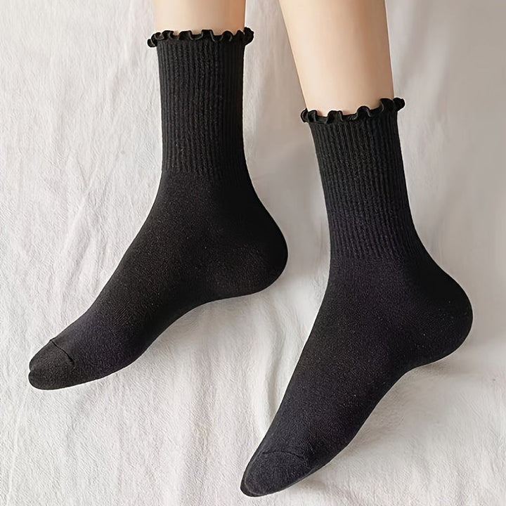 6 Pairs Lettuce Trim Sweet Comfy Ribbed Mid Tube Crew Socks - SocksLtd