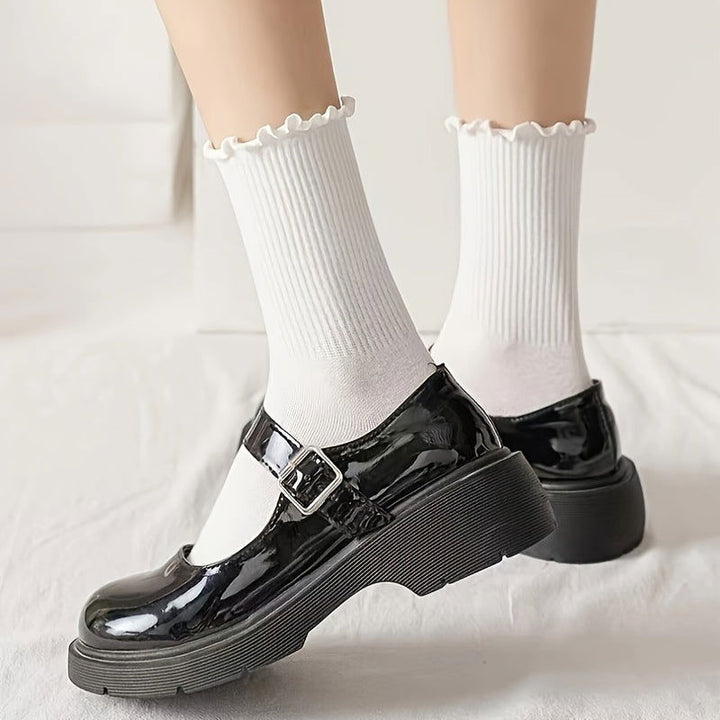 6 Pairs Lettuce Trim Sweet Comfy Ribbed Mid Tube Crew Socks - SocksLtd