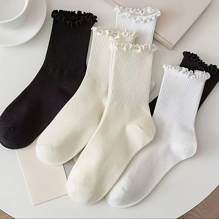 6 Pairs Lettuce Trim Sweet Comfy Ribbed Mid Tube Crew Socks - SocksLtd