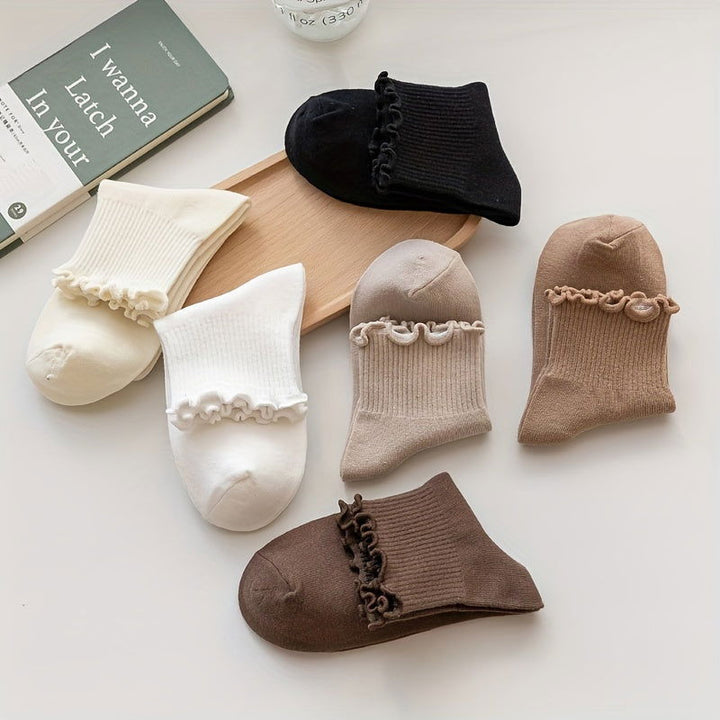 6 Pairs Lettuce Trim Sweet  Comfy Solid Crew Socks - SocksLtd