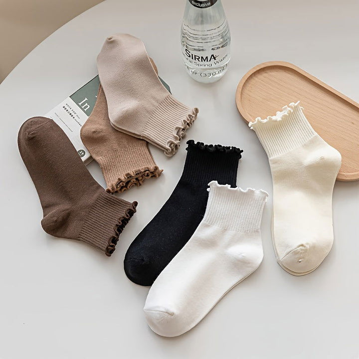 6 Pairs Lettuce Trim Sweet  Comfy Solid Crew Socks - SocksLtd