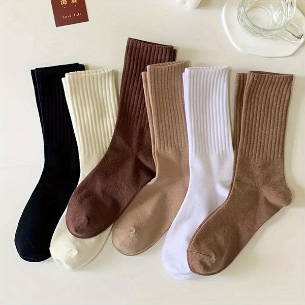 6 Pairs Neutral Casual Plain  Versatile Crew Socks - SocksLtd