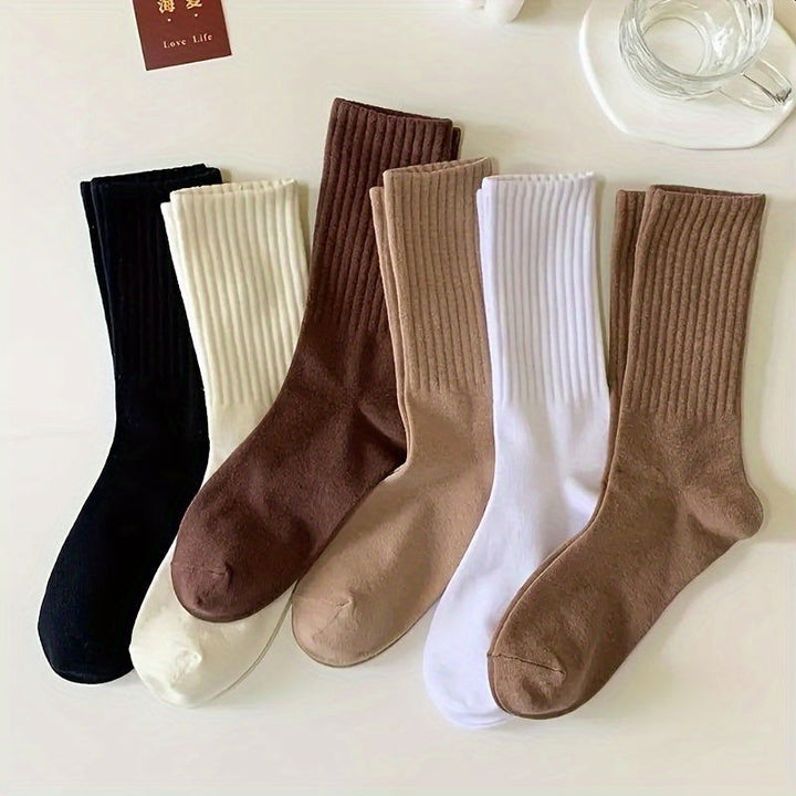 6 Pairs Neutral Casual Plain  Versatile Crew Socks - SocksLtd