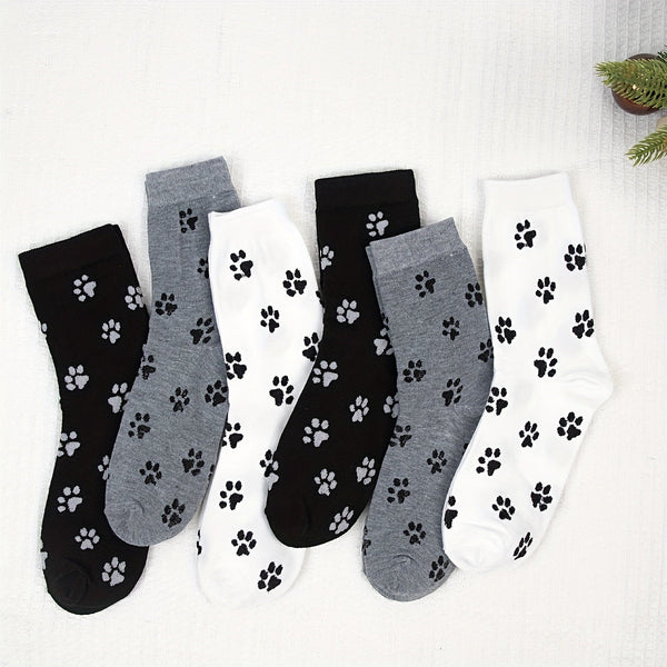 6 Pairs Puppy Paw Print Fashion Casual Crew Socks - SocksLtd