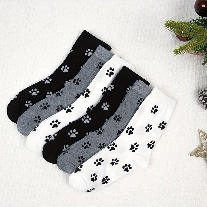 6 Pairs Puppy Paw Print Fashion Casual Crew Socks - SocksLtd