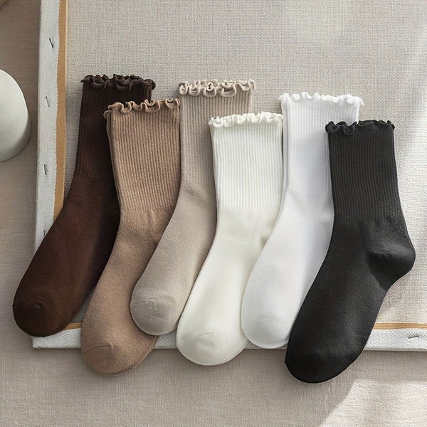 6 Pairs Solid Comfy  Cute Lettuce Trim Crew Socks - SocksLtd