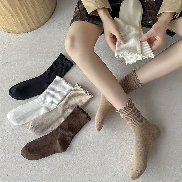 6 Pairs Solid Comfy  Cute Lettuce Trim Crew Socks - SocksLtd