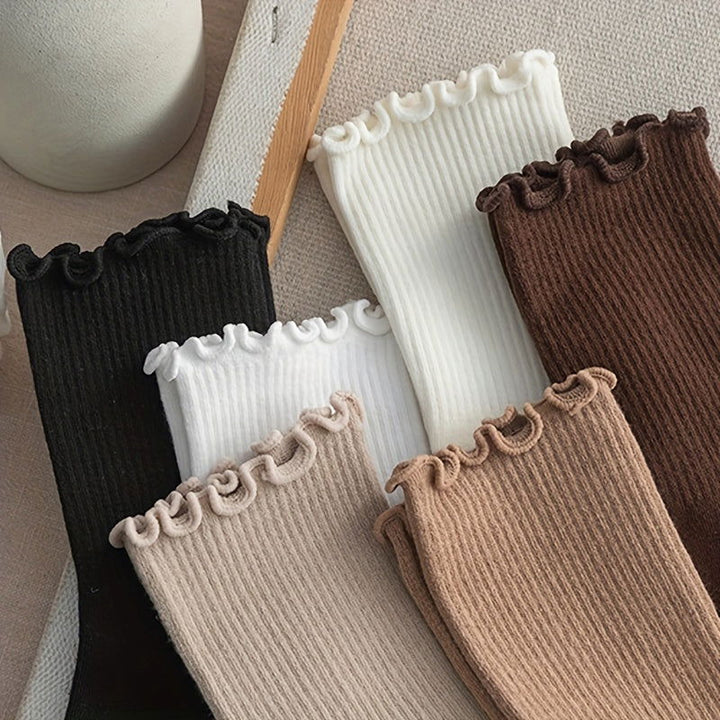 6 Pairs Solid Comfy  Cute Lettuce Trim Crew Socks - SocksLtd
