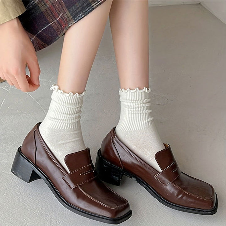 6 Pairs Solid Comfy  Cute Lettuce Trim Crew Socks - SocksLtd