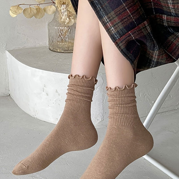 6 Pairs Solid Comfy  Cute Lettuce Trim Crew Socks - SocksLtd