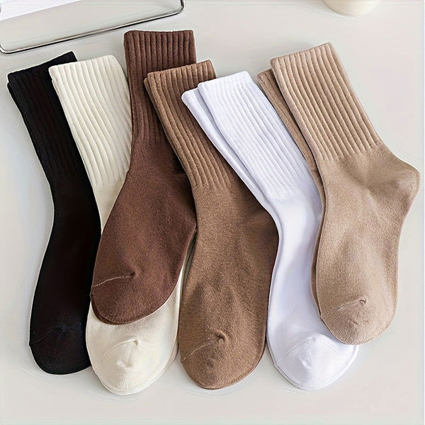 6 Pairs Solid Ribbed Simple Comfort All match Crew Socks - SocksLtd
