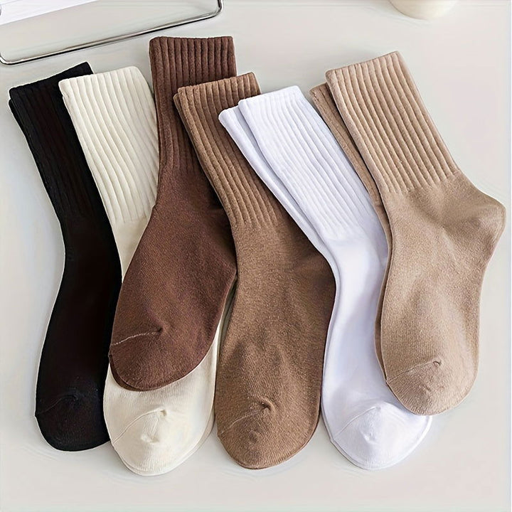 6 Pairs Solid Ribbed Simple Comfort All match Crew Socks - SocksLtd