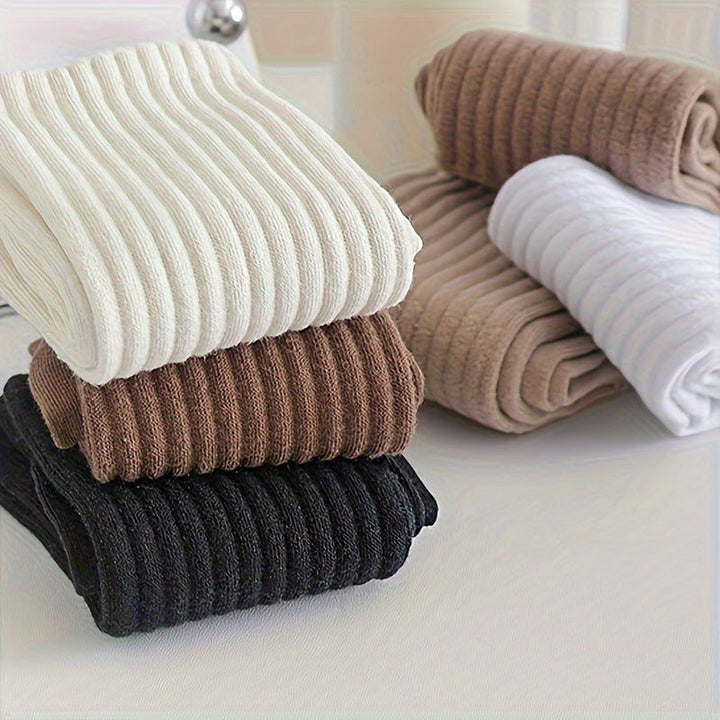 6 Pairs Solid Ribbed Simple Comfort All match Crew Socks - SocksLtd
