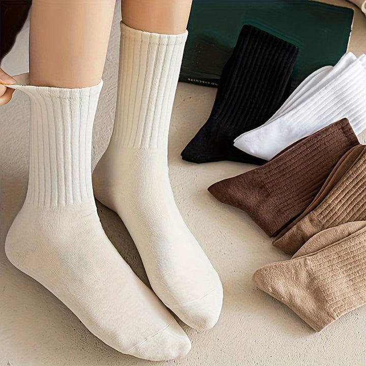 6 Pairs Solid Ribbed Simple Comfort All match Crew Socks - SocksLtd