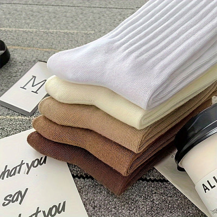 6 Pairs Solid Ribbed Simple Comfort All match Crew Socks - SocksLtd