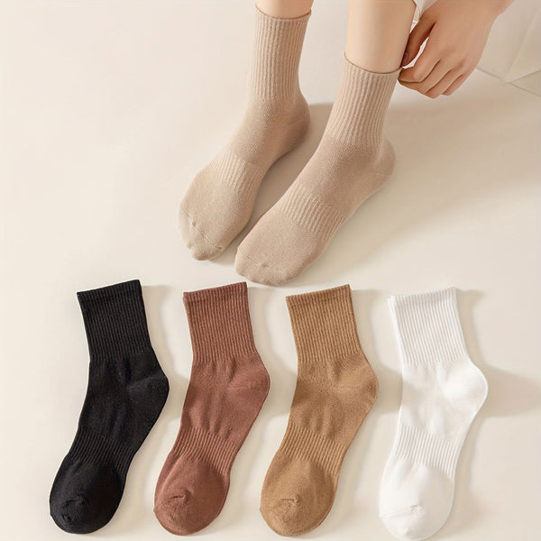 6 Pairs Solid Ribbed  Comfy  Soft Crew Socks - SocksLtd