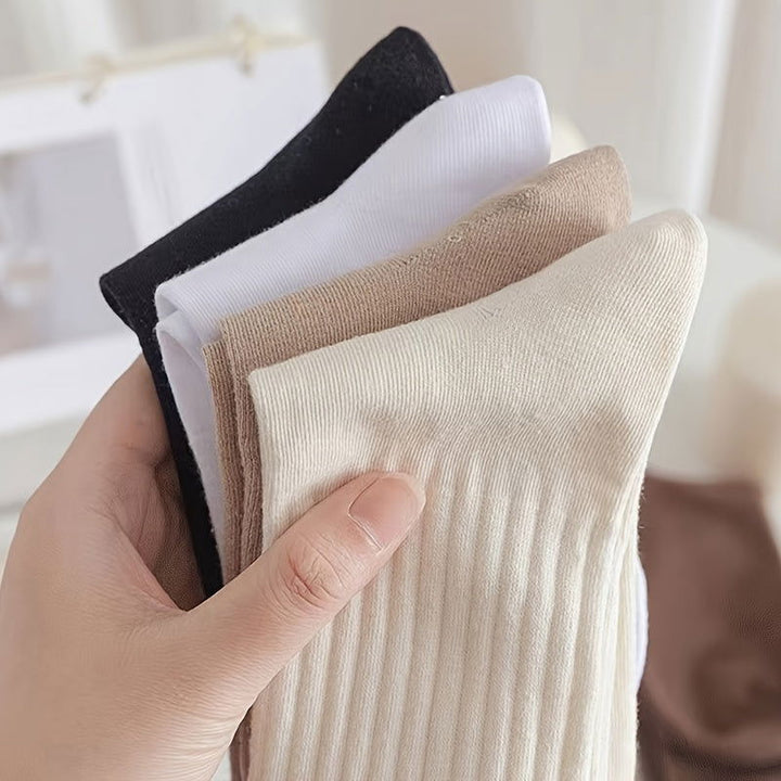 6 Pairs Solid Ribbed  Comfy  Soft Crew Socks - SocksLtd