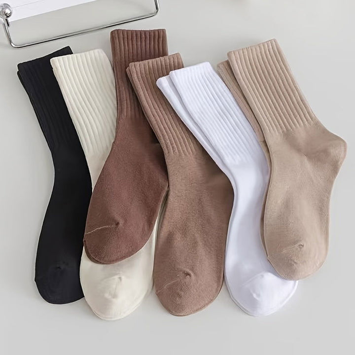 6 Pairs Solid Ribbed  Comfy  Soft Crew Socks - SocksLtd