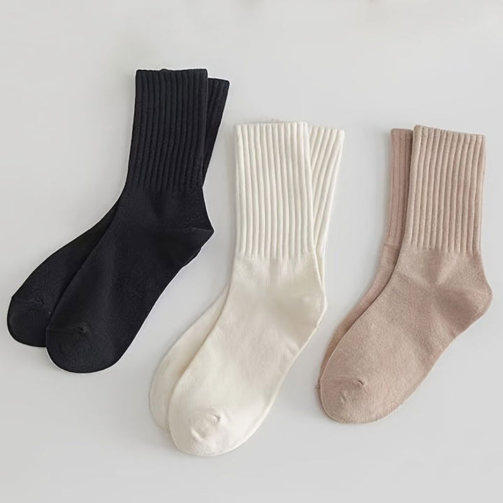 6 Pairs Solid Ribbed  Comfy  Soft Crew Socks - SocksLtd