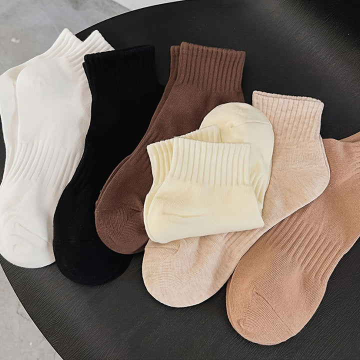 6 Pairs Solid Ribbed  Simple  Comfy Crew Socks - SocksLtd