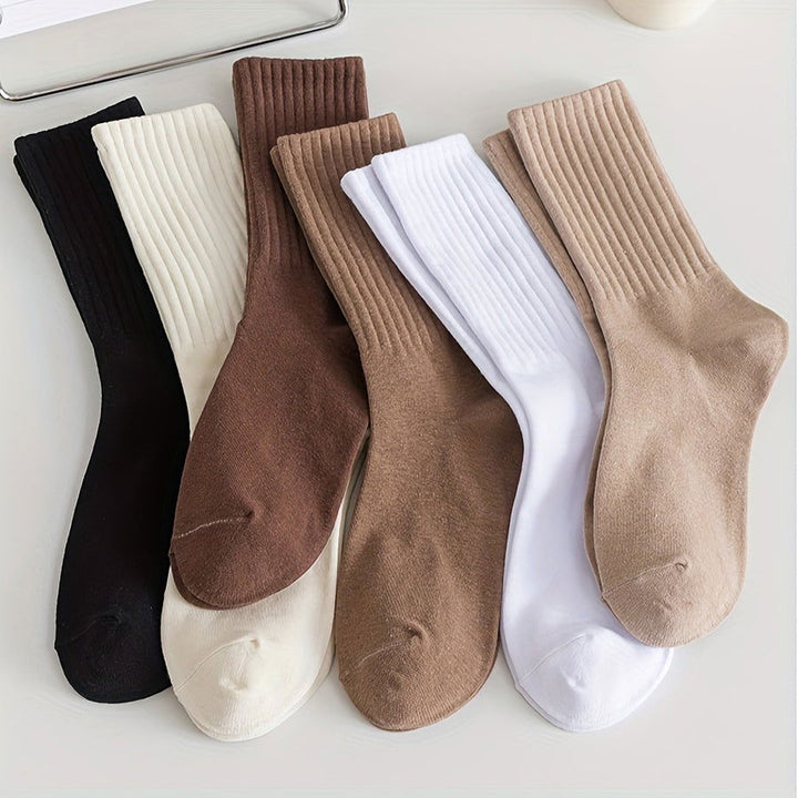 6 Pairs Solid  Simple Comfy Mid Tube Crew Socks - SocksLtd