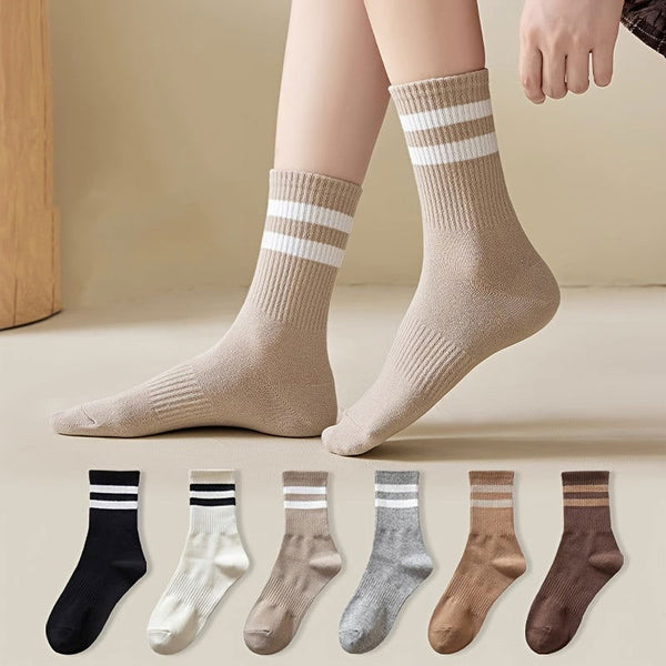 6 Pairs Stripe Print Ribbed Comfy Soft Mid Tube Crew Socks - SocksLtd