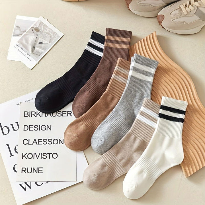6 Pairs Stripe Print Ribbed Comfy Soft Mid Tube Crew Socks - SocksLtd