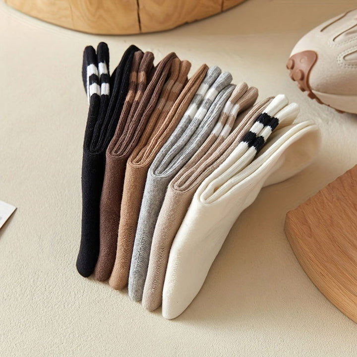 6 Pairs Stripe Print Ribbed Comfy Soft Mid Tube Crew Socks - SocksLtd