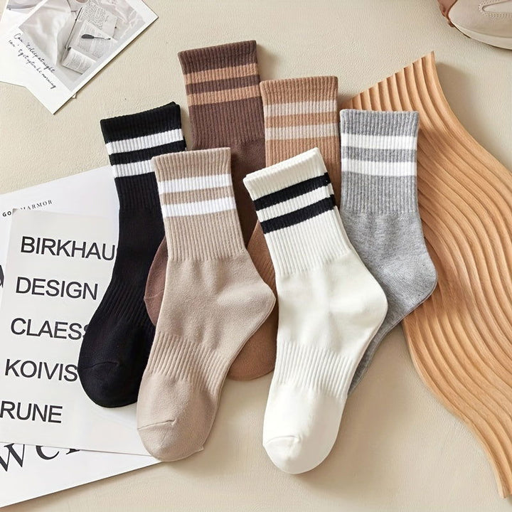 6 Pairs Stripe Print Ribbed Comfy Soft Mid Tube Crew Socks - SocksLtd